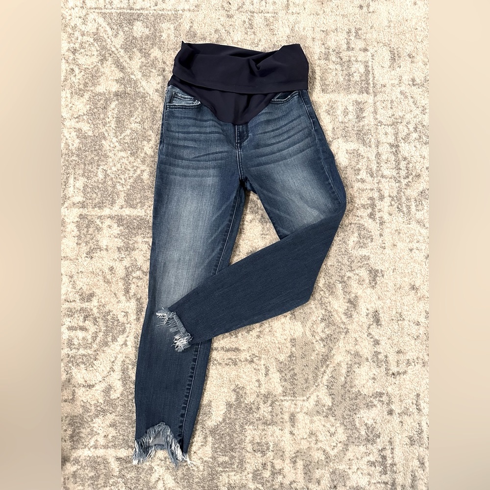 Pink Blush Navy Blue Distressed Hem Maternity Jeans